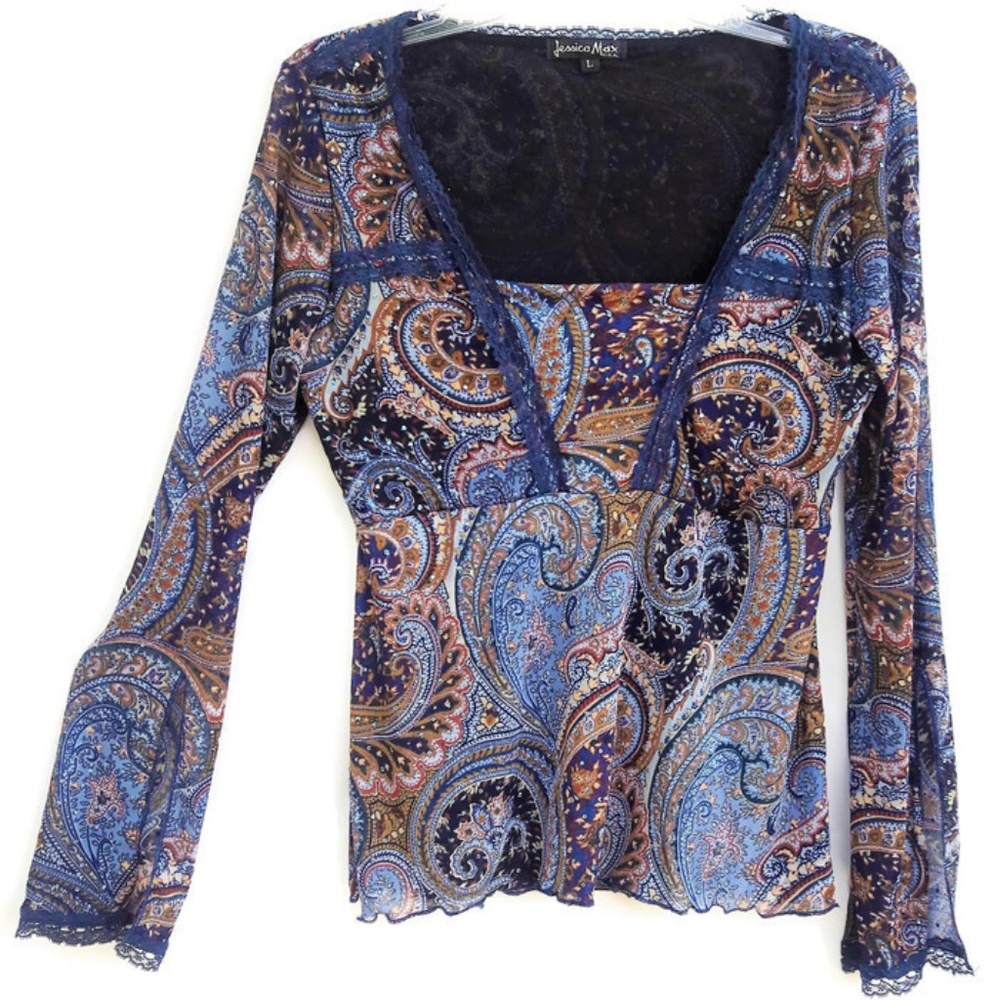 Jessica Max Y2K Top Pullover Embellished Lace Sparkle USA - Picture 1 of 8